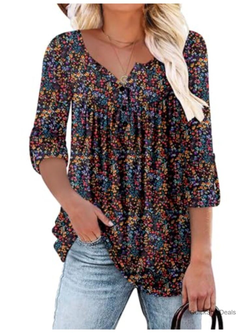 Womens Long Sleeve V Neck Floral Ruffle Tunic Blouse